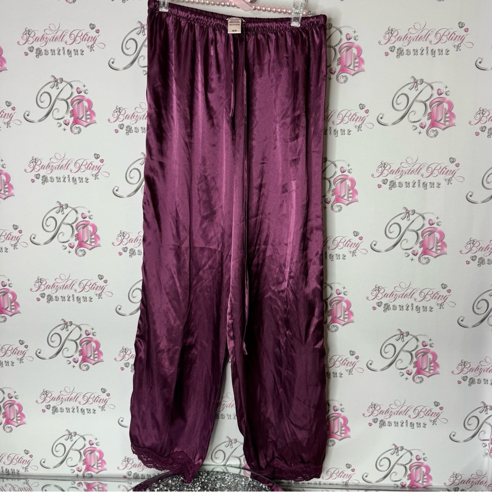 La Vie En Rose pants lace trim bottom purple shiny shimmer Plum Satin Trousers